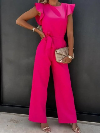 Women’s Elegant Belted Wide-Leg Jumpsuit with Cap Sleeves