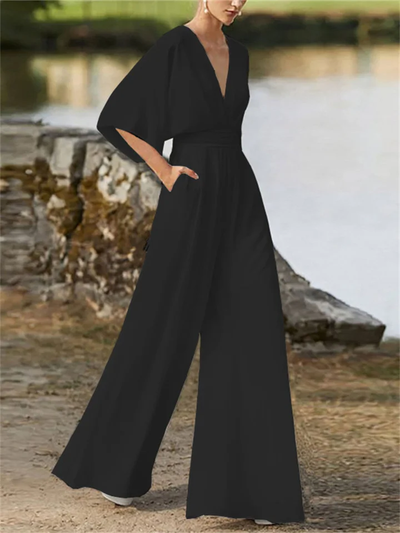 Elegant jumpsuit med brede ben og V-hals og flagermusærmer til kvinder | Ideel til vinteren