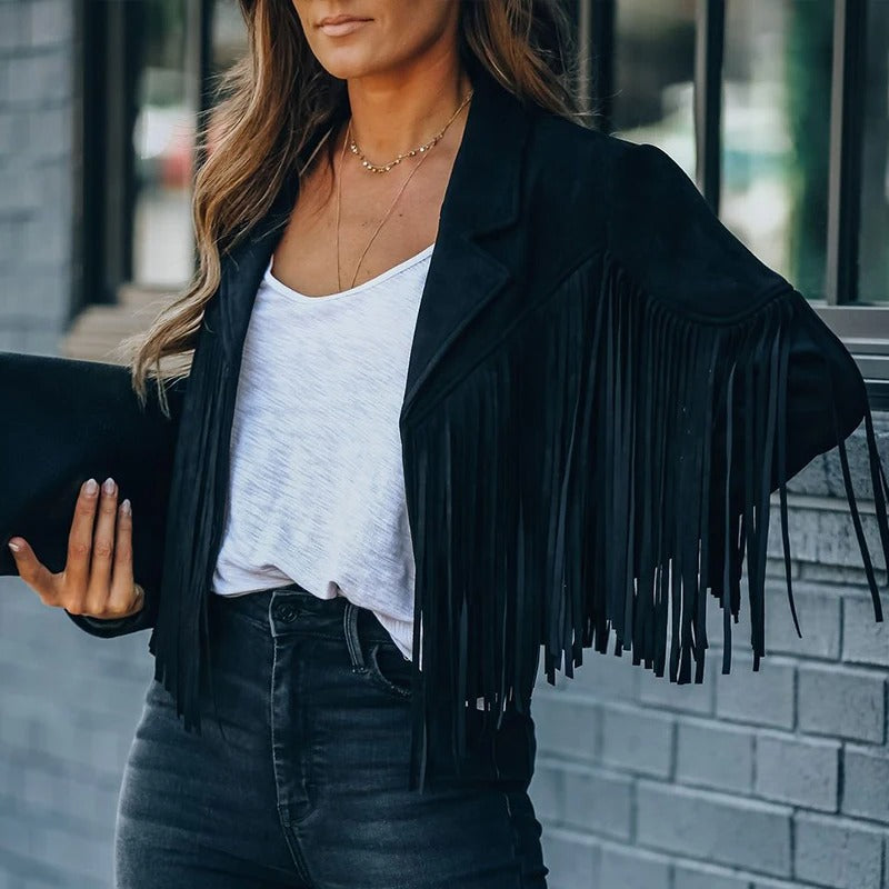 Cropped Fringe Jacket with Zipper Closure