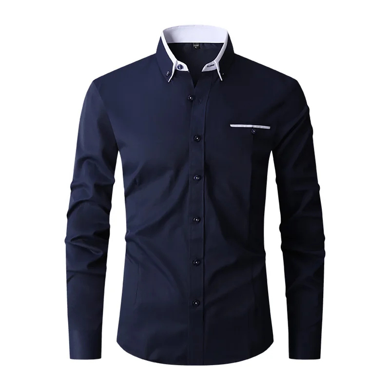 Slim Fit langærmet herreskjorte med kontrastfarvet krave og lommer | Perfekt til alle årstider