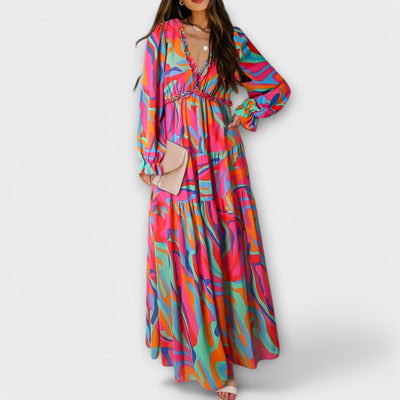Long-Sleeve Floral Print Wrap Maxi Dress