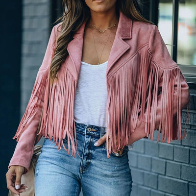 Cropped Fringe Jacket with Zipper Closure