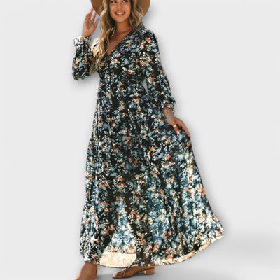 Long-Sleeve Floral Print Wrap Maxi Dress
