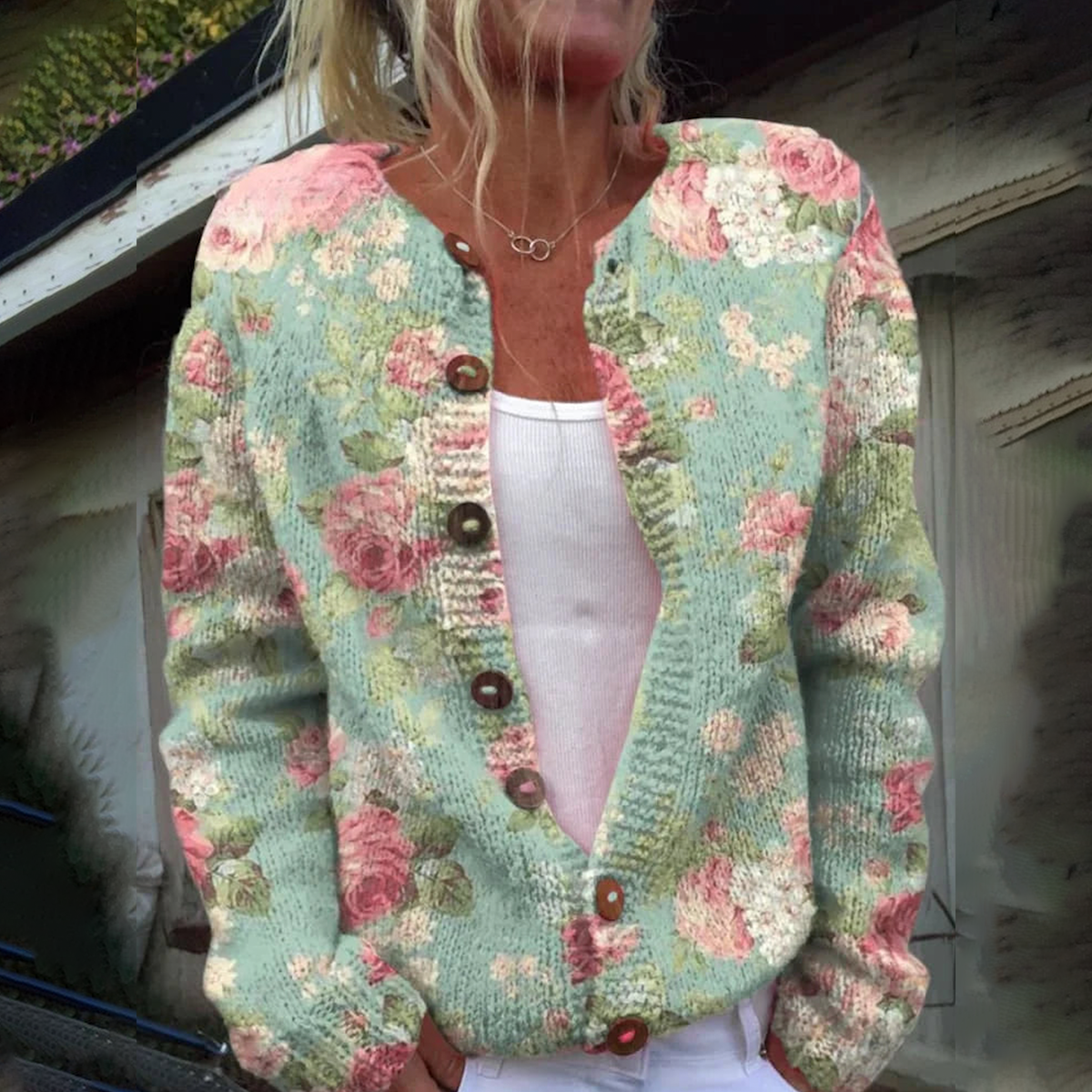 Grøn blomsterprintet kraveløs langærmet cardigan