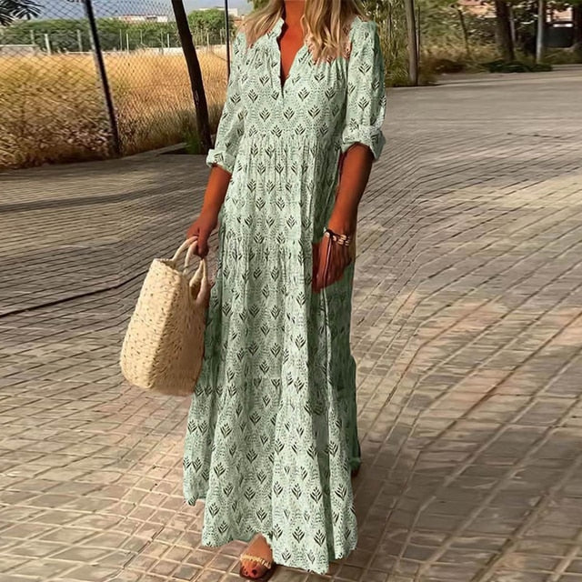 Women’s Patterned V-Neck Maxi Dress with Elbow-Length Sleeves