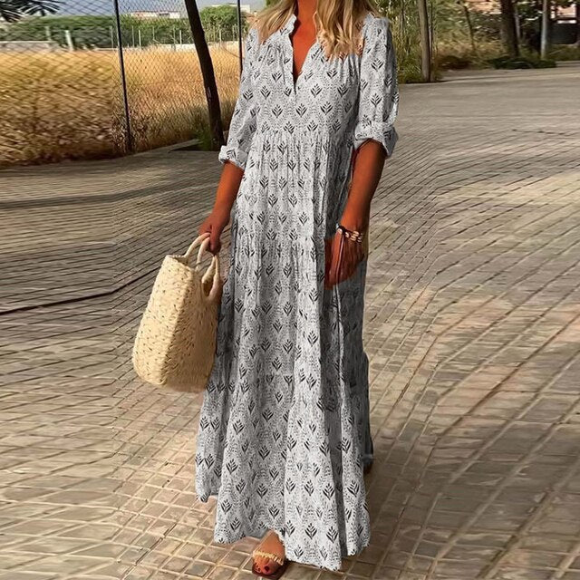 Women’s Patterned V-Neck Maxi Dress with Elbow-Length Sleeves