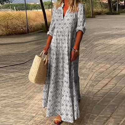 Women’s Patterned V-Neck Maxi Dress with Elbow-Length Sleeves