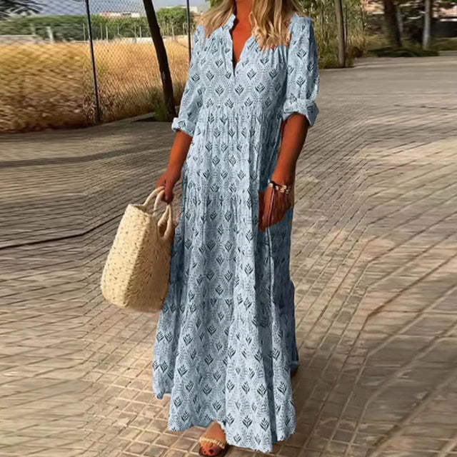 Women’s Patterned V-Neck Maxi Dress with Elbow-Length Sleeves