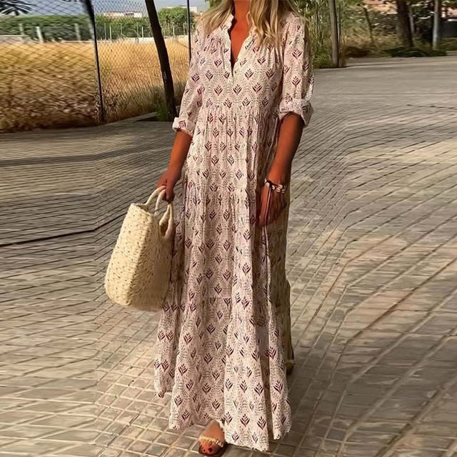 Women’s Patterned V-Neck Maxi Dress with Elbow-Length Sleeves