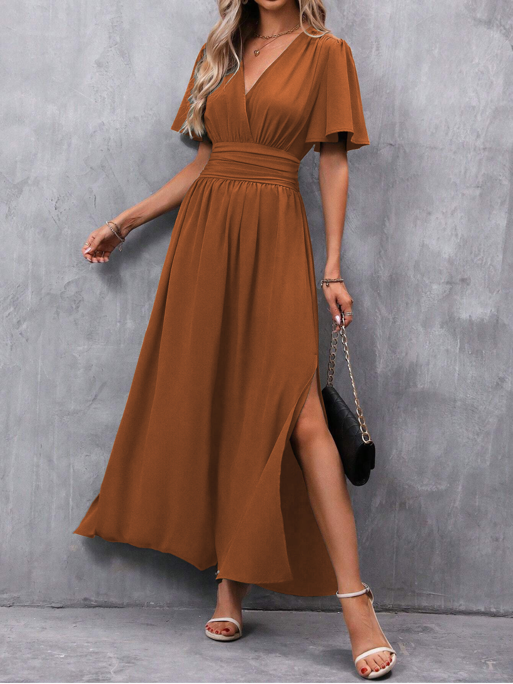 Eliza Women's Long Dress - Elegant Dress with Belt and Flowy Skirt for Luxury Occasions
