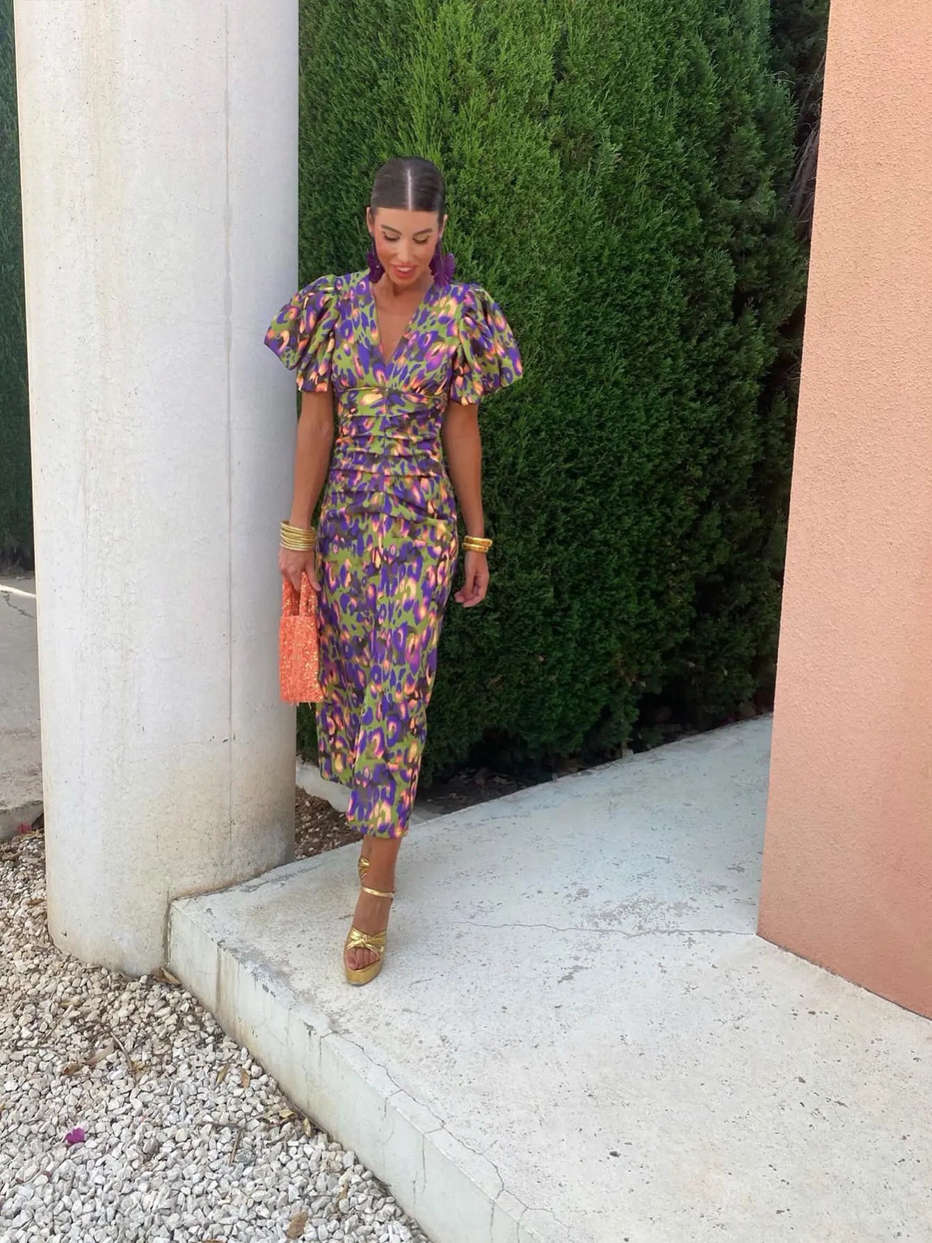 Sofia Women's Dress - Fitted Midi Dress with Expressive Print and Elegant Buff Sleeves