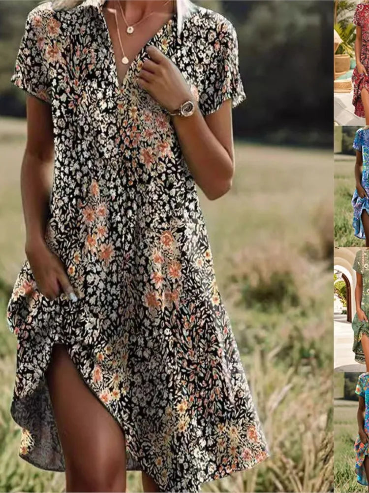 Carla | Elegant floral dress with V-neck and buttons
