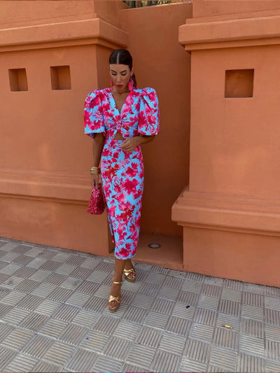 Sofia Women's Dress - Fitted Midi Dress with Expressive Print and Elegant Buff Sleeves