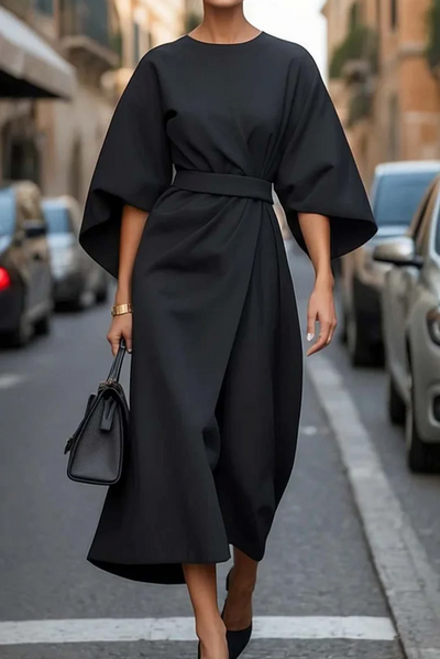 Louise Women's Elegant Dress - Women's Cut with Lantern Style Sleeves & Adjustable Belt