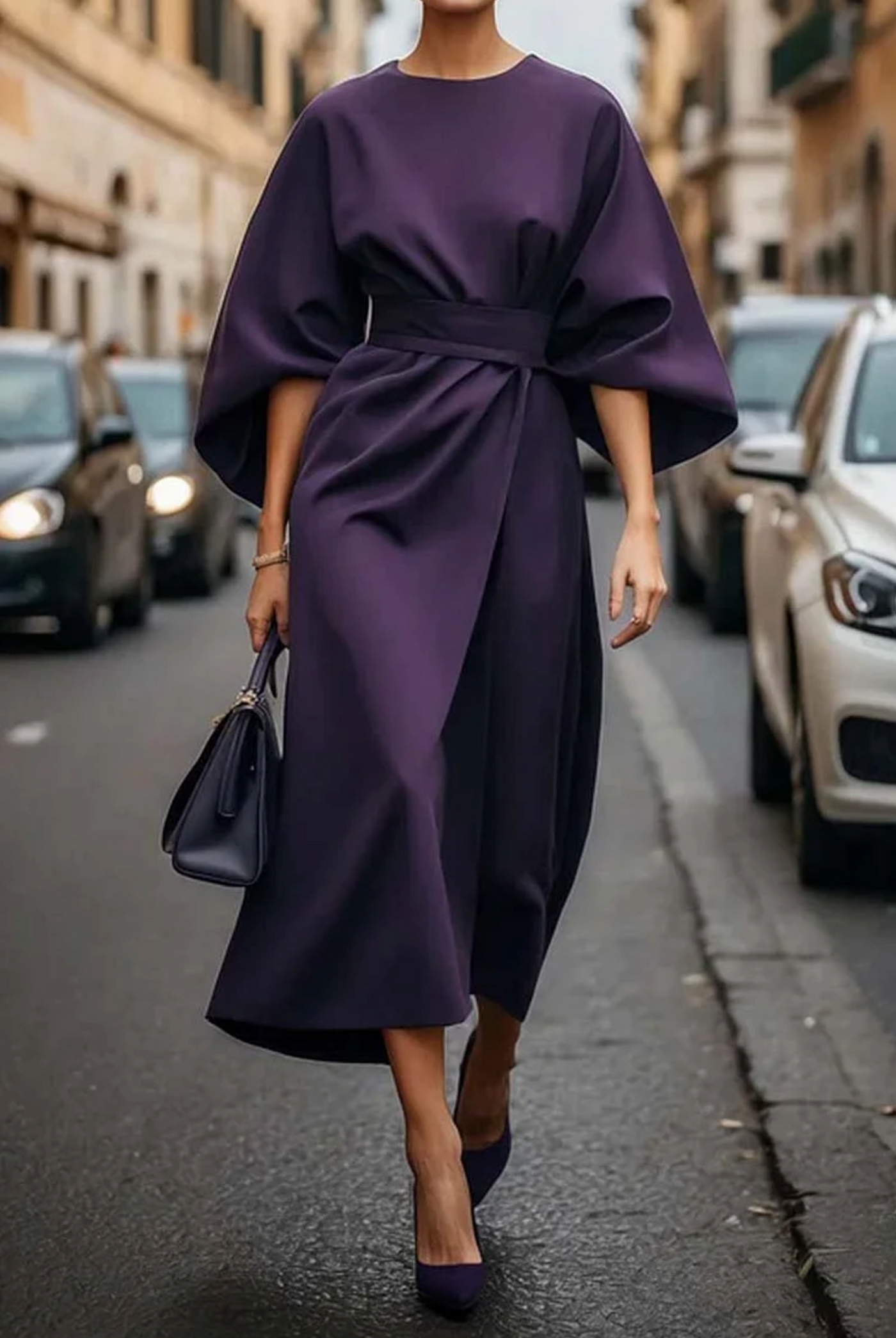 Louise Women's Elegant Dress - Women's Cut with Lantern Style Sleeves & Adjustable Belt