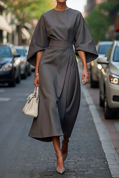 Louise Women's Elegant Dress - Women's Cut with Lantern Style Sleeves & Adjustable Belt