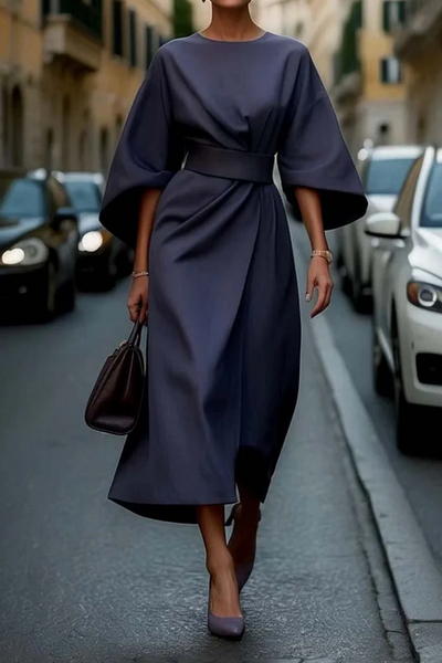 Louise Women's Elegant Dress - Women's Cut with Lantern Style Sleeves & Adjustable Belt