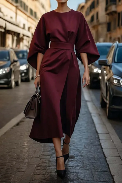 Louise Women's Elegant Dress - Women's Cut with Lantern Style Sleeves & Adjustable Belt