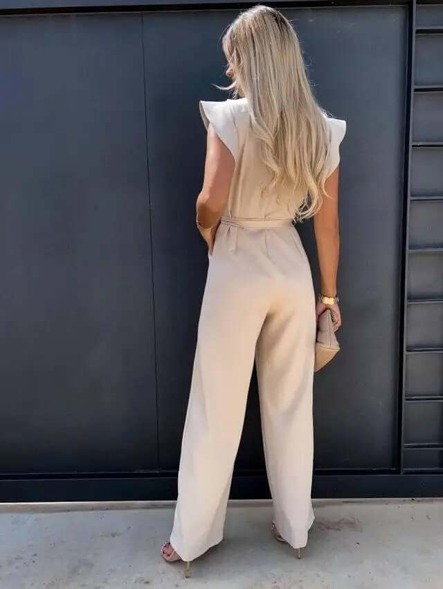 Women’s Elegant Belted Wide-Leg Jumpsuit with Cap Sleeves