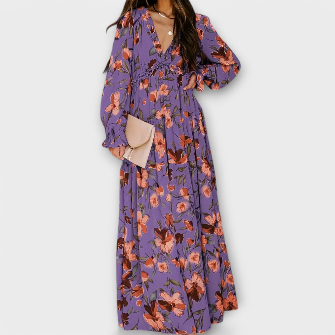 Long-Sleeve Floral Print Wrap Maxi Dress