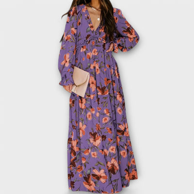Long-Sleeve Floral Print Wrap Maxi Dress