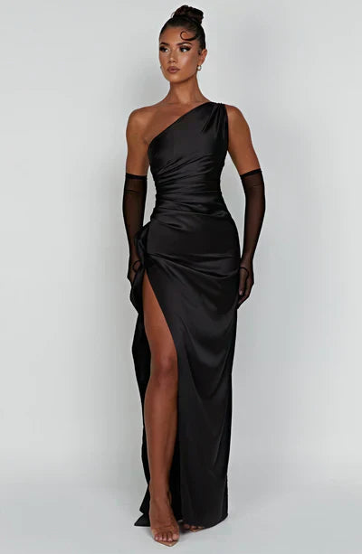 Alisha Evening Dress for Women - Asymmetrical Dress in Luxury Satin with High Slit and Elegant Cut