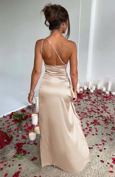 Alisha Evening Dress for Women - Asymmetrical Dress in Luxury Satin with High Slit and Elegant Cut