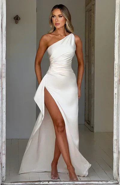 Alisha Evening Dress for Women - Asymmetrical Dress in Luxury Satin with High Slit and Elegant Cut