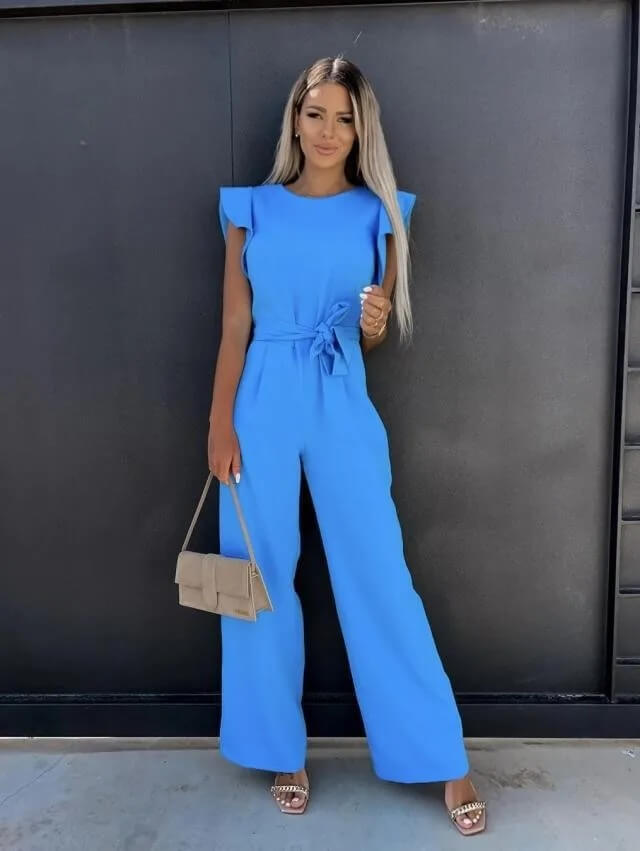 Women’s Elegant Belted Wide-Leg Jumpsuit with Cap Sleeves