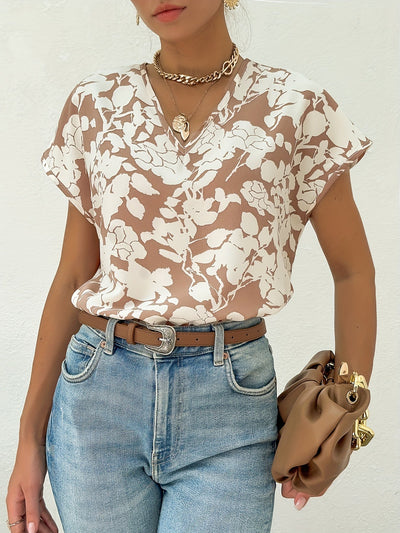 Blomstret bluse med V-udskæring