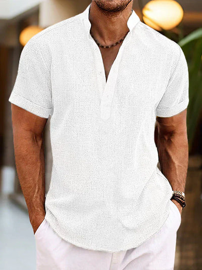 Men's Silas Linen Shirt - Breathable Summer Shirt with Henley Collar and Short Sleeve