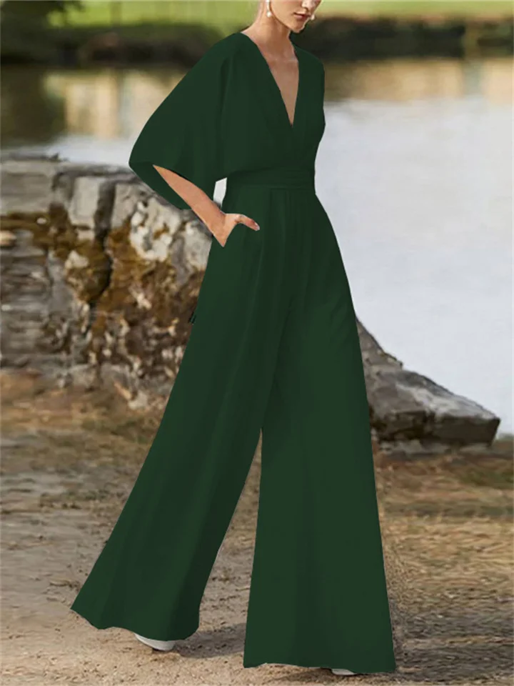 Elegant jumpsuit med brede ben og V-hals og flagermusærmer til kvinder | Ideel til vinteren
