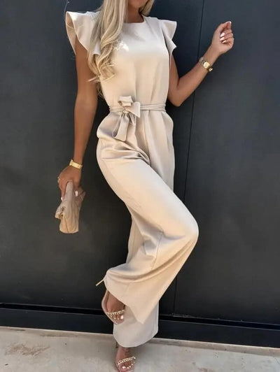 Women’s Elegant Belted Wide-Leg Jumpsuit with Cap Sleeves
