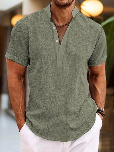 Men's Silas Linen Shirt - Breathable Summer Shirt with Henley Collar and Short Sleeve