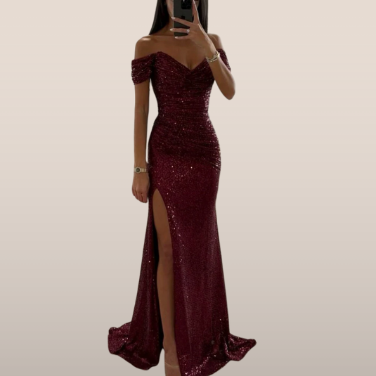 Della - Off-Shoulder Sequin Maxi Dress with High Split