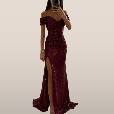 Della - Off-Shoulder Sequin Maxi Dress with High Split