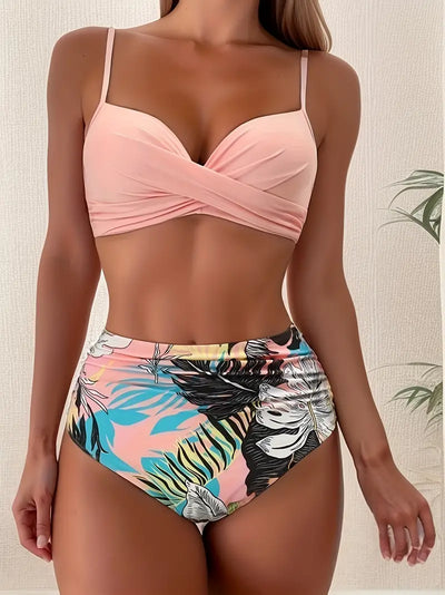 Cea Women's Swimsuit - Two-Piece Costume with Tropical Pattern and Neckline