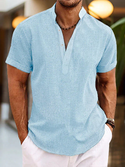 Men's Silas Linen Shirt - Breathable Summer Shirt with Henley Collar and Short Sleeve