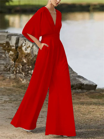 Elegant jumpsuit med brede ben og V-hals og flagermusærmer til kvinder | Ideel til vinteren