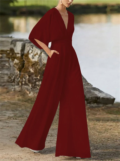 Elegant jumpsuit med brede ben og V-hals og flagermusærmer til kvinder | Ideel til vinteren