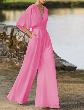 Elegant jumpsuit med brede ben og V-hals og flagermusærmer til kvinder | Ideel til vinteren