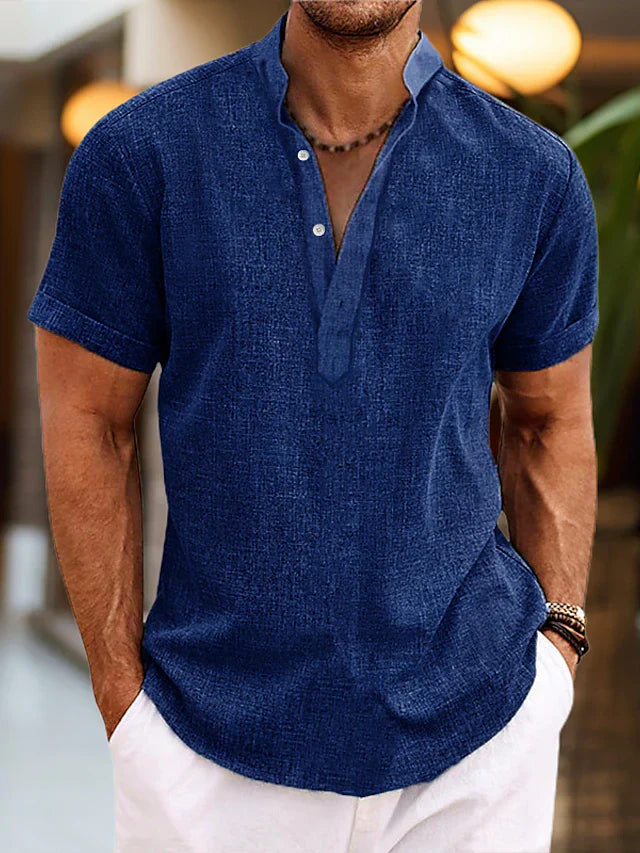 Men's Silas Linen Shirt - Breathable Summer Shirt with Henley Collar and Short Sleeve