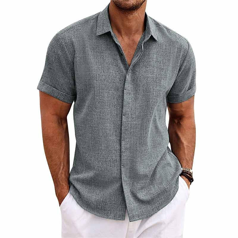 Men's shirt - Button closure - Breathable cotton and linen blend - Regular fit - Short sleeves