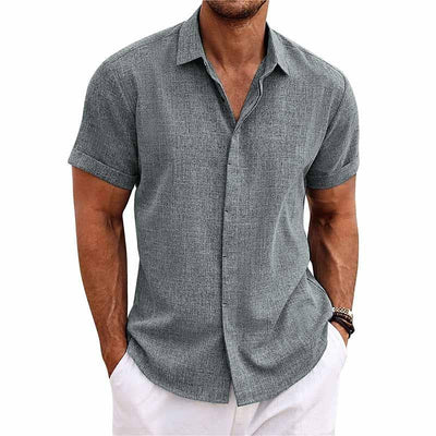 Men's shirt - Button closure - Breathable cotton and linen blend - Regular fit - Short sleeves