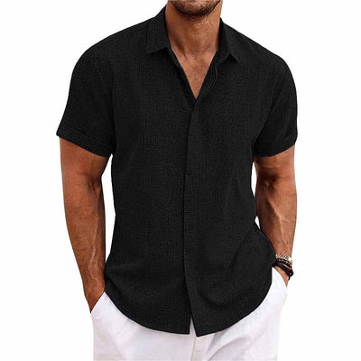 Men's shirt - Button closure - Breathable cotton and linen blend - Regular fit - Short sleeves