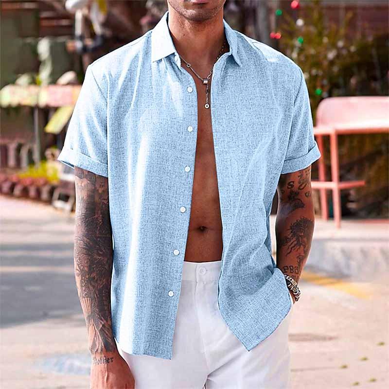 Men's shirt - Button closure - Breathable cotton and linen blend - Regular fit - Short sleeves