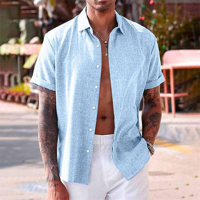 Men's shirt - Button closure - Breathable cotton and linen blend - Regular fit - Short sleeves