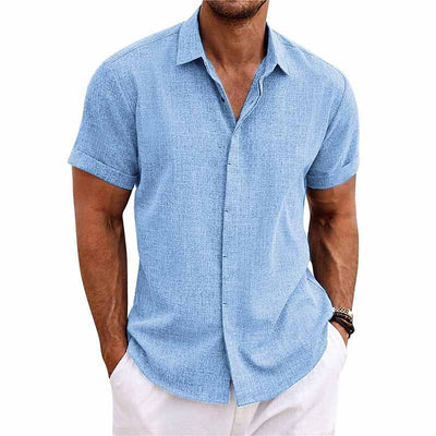 Men's shirt - Button closure - Breathable cotton and linen blend - Regular fit - Short sleeves