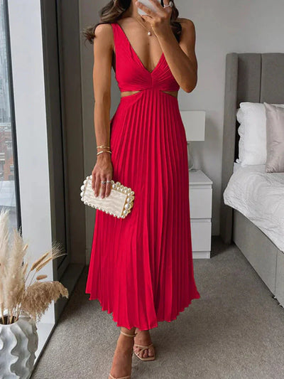 Mila Satin Dress - Elegant Midi Dress with Neckline, Delicate Pleats and Luxurious Cut