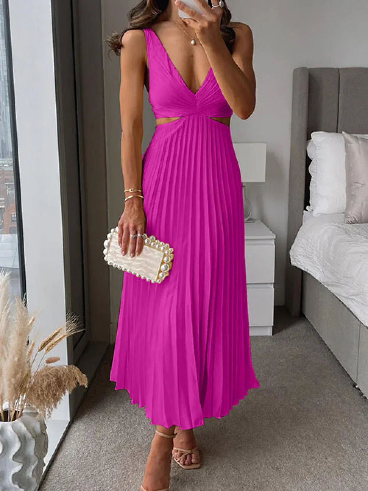 Mila Satin Dress - Elegant Midi Dress with Neckline, Delicate Pleats and Luxurious Cut